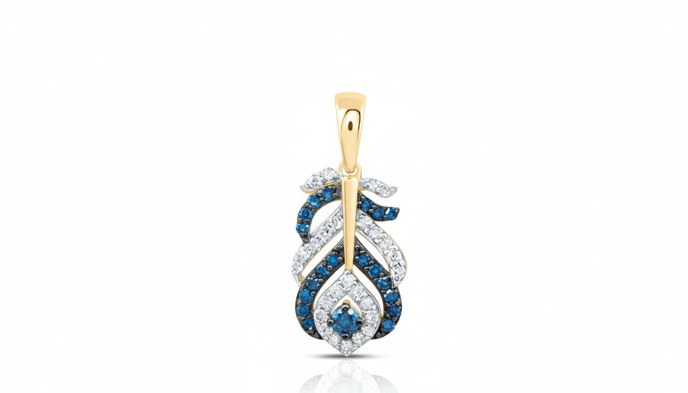 10K Gold Blue Diamond Peacock Feather Pendant – 1/4 CTW (No Chain)