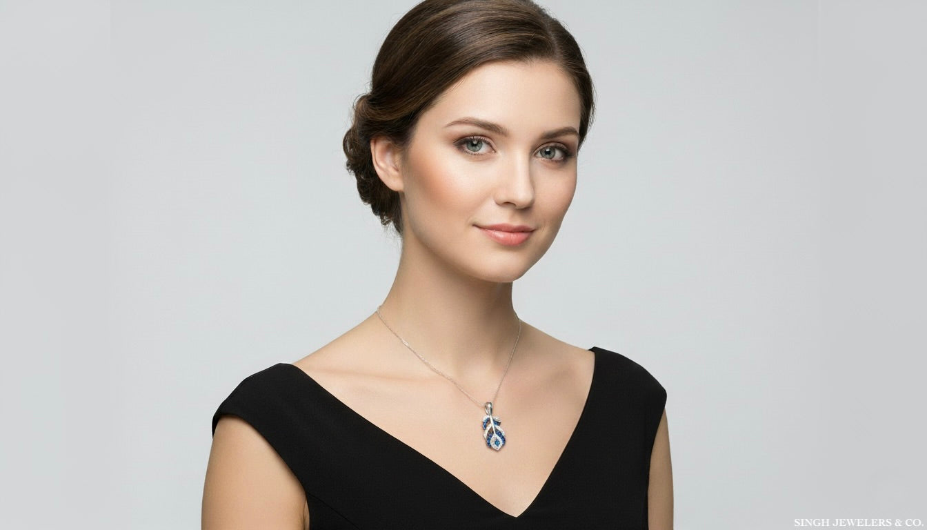 Woman wearing a black dress with a necklace on a gray background