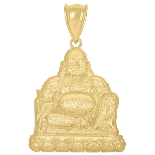 Side view of 10K gold men's Buddha pendant showing depth and polish