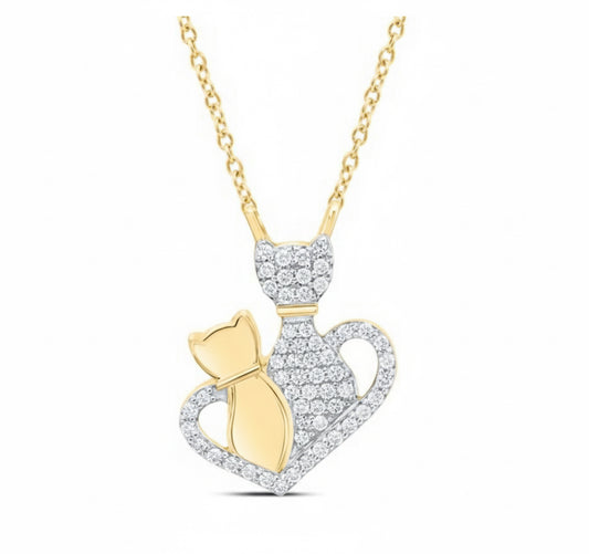 10K yellow gold cat necklace with 1/6 carat natural diamonds on 18-inch chain