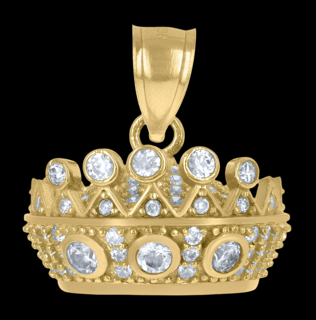 Close-up view of the 10k Yellow Gold Crown Pendant showcasing the brilliant White Sapphires.
