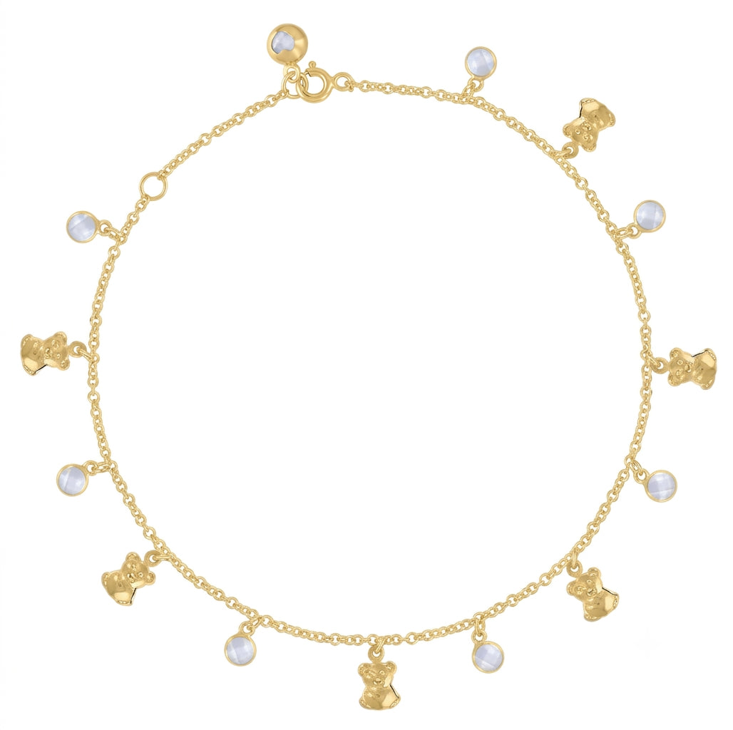 Women's 10K yellow gold anklet featuring a cubic zirconia teddy bear charm, 10-inch length