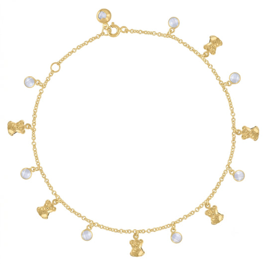 Women's 10K yellow gold anklet featuring a cubic zirconia teddy bear charm, 10-inch length
