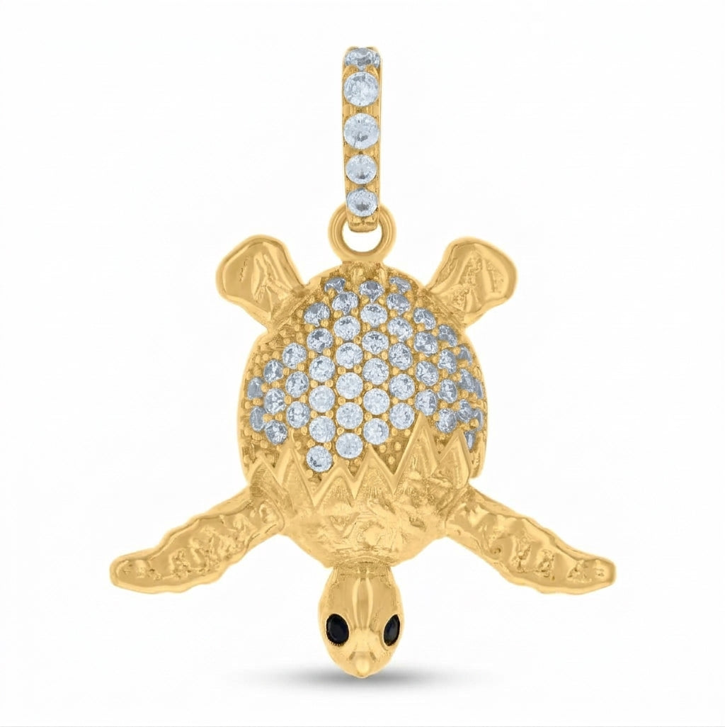 10K yellow gold turtle ocean charm pendant with cubic zirconia accents and black stone eyes