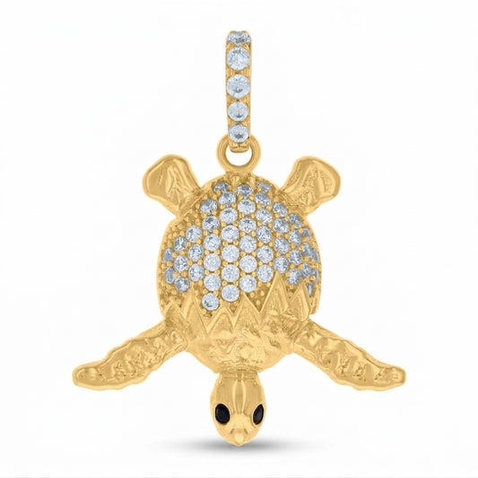 10K yellow gold turtle ocean charm pendant with cubic zirconia accents and black stone eyes