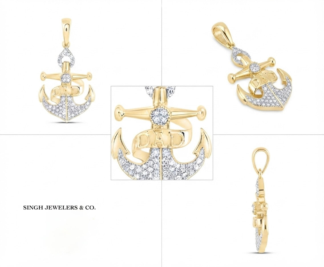 Close-up of 10K yellow gold DAD diamond anchor pendant
