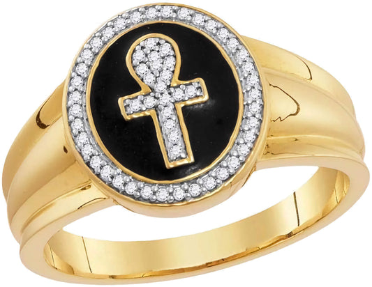 Front view of the 10K Yellow Gold Ankh Cross Ring featuring black enamel and diamonds.