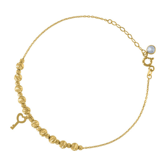 10K yellow gold diamond cut key beaded bracelet 8 inches with spring clasp