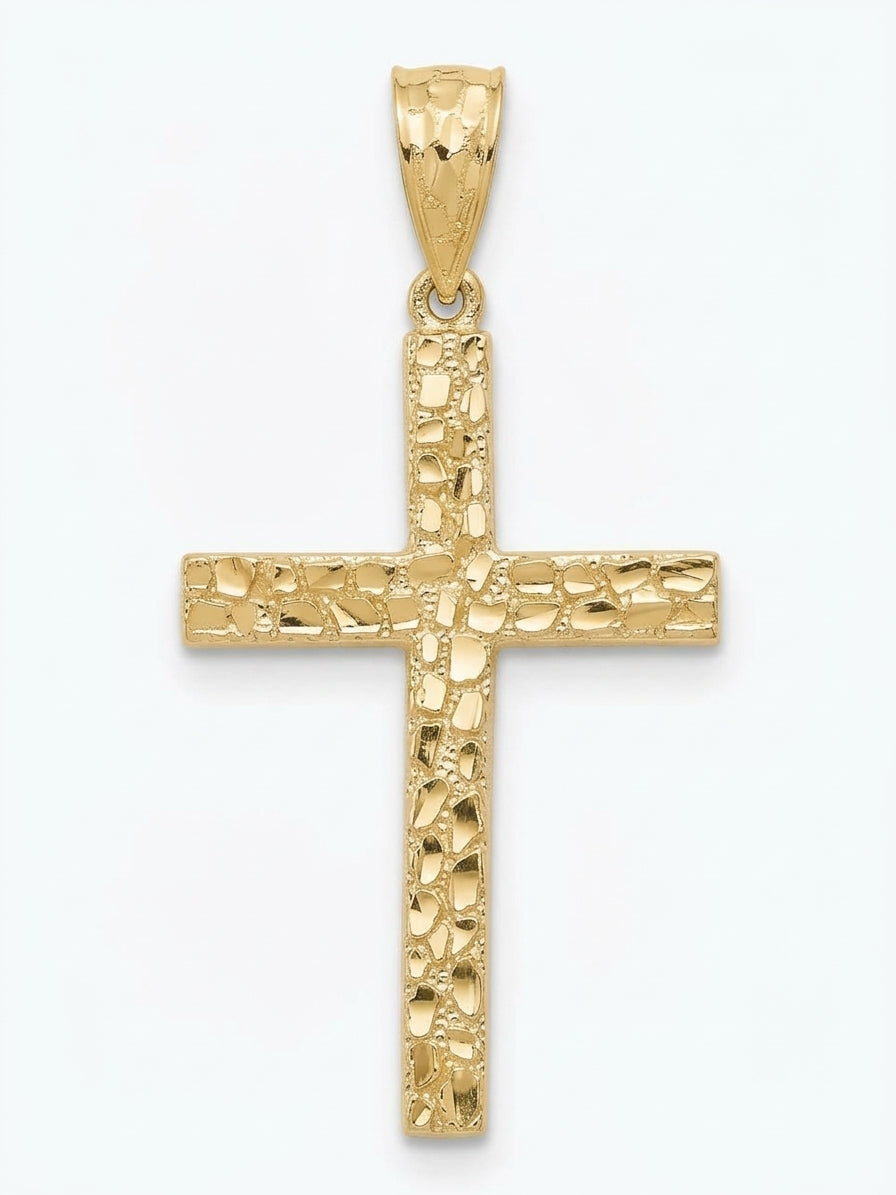 10K yellow gold men's diamond-cut nugget cross pendant front view