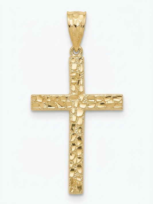 10K yellow gold men's diamond-cut nugget cross pendant front view