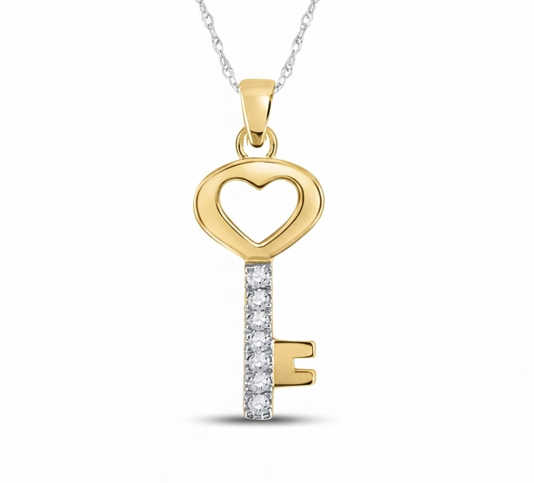 10K yellow gold diamond key heart pendant with 1/20 CTTW round diamond
