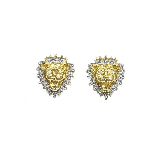 10K yellow gold lion head earrings with 0.15 CT round diamonds – bold unisex jewelry