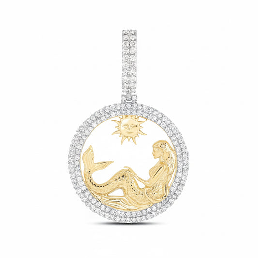 10K yellow gold round diamond mermaid circle charm pendant 20mm x 20mm, 1 CTTW diamonds, no chain included