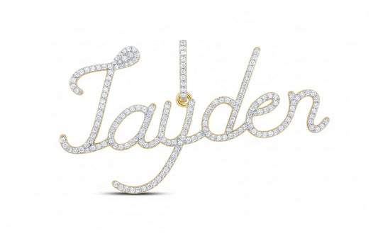 Gold necklace with 'Jayden' in diamonds on a white background