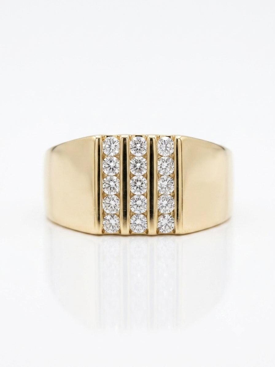Close-up of 15 round natural diamonds set in polished 10K yellow gold.
