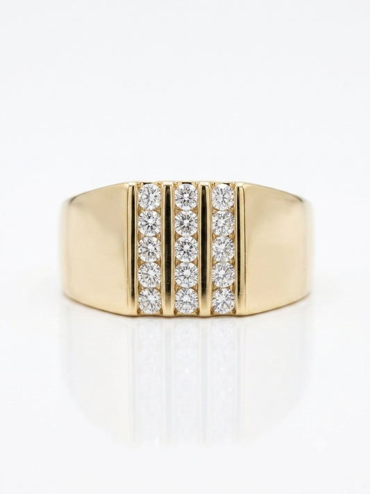 Close-up of 15 round natural diamonds set in polished 10K yellow gold.