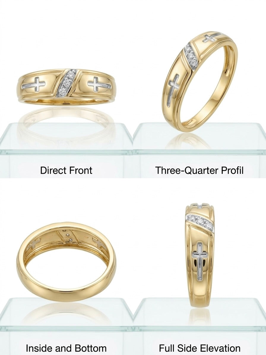 10K yellow gold men's diamond wedding band with elegant diamond detailing different angles