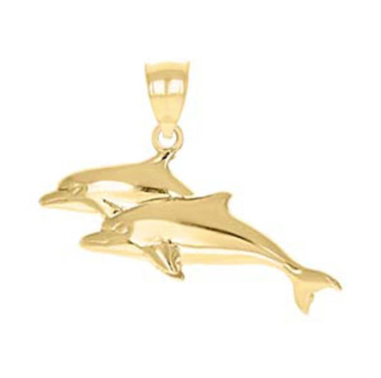 Front view of 10K yellow gold dolphin couple charm