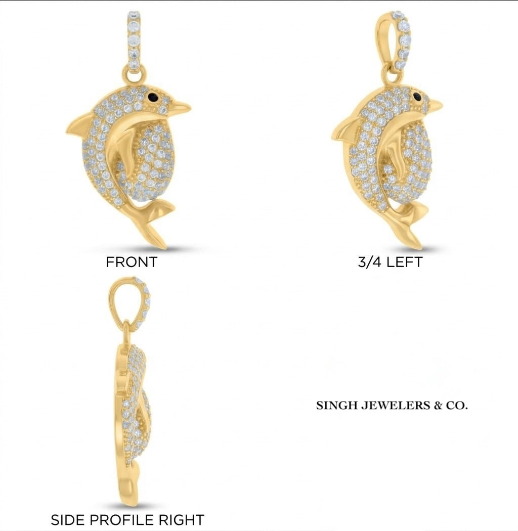 10K Yellow Gold Dolphin Ocean Charm Pendant with Black CZ Eyes different angles