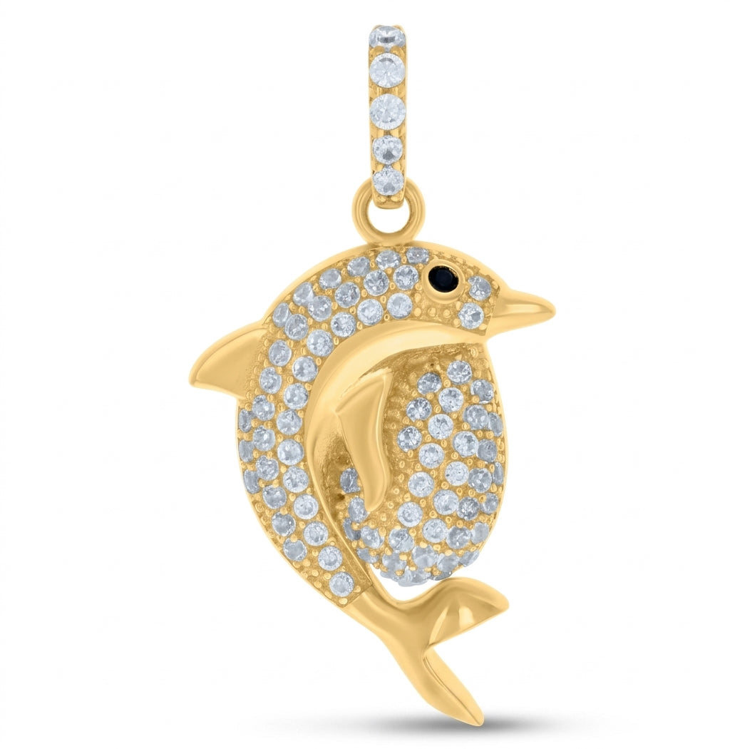 10K yellow gold dolphin ocean charm pendant featuring black cubic zirconia eyes