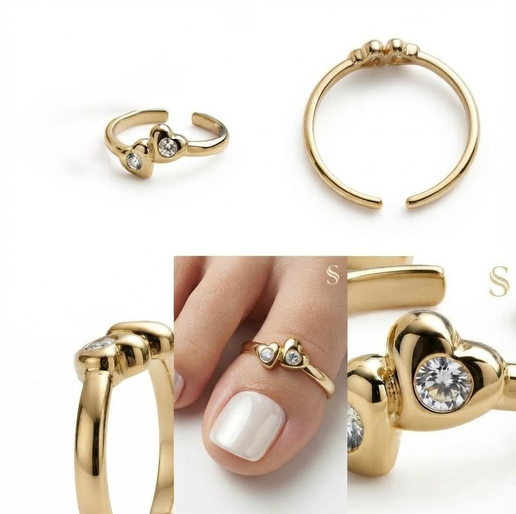 10K yellow gold double heart cubic zirconia toe ring for women on toe