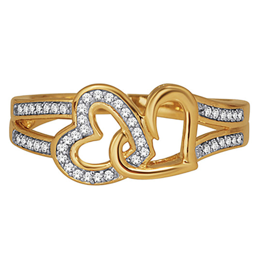 10K yellow gold double hearts diamond ring with 1/4 Cttw of sparkling diamonds, perfect for engagements and anniversaries.