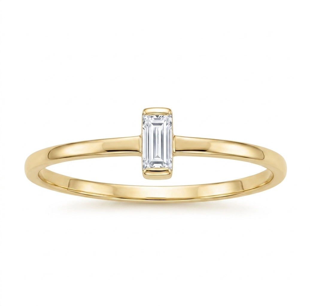 10K yellow gold women’s promise ring with emerald-cut white sapphire solitaire