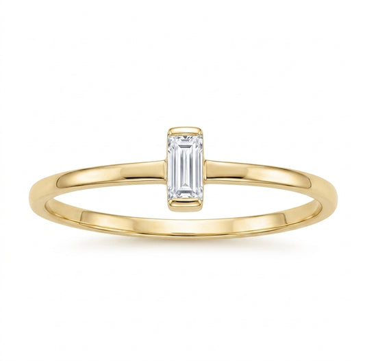10K yellow gold women’s promise ring with emerald-cut white sapphire solitaire