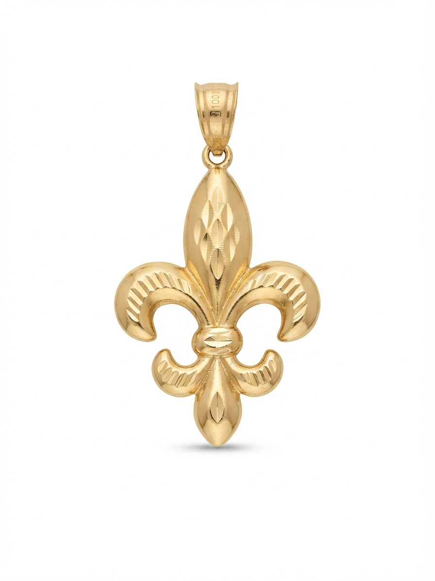 10K yellow gold fleur-de-lis pendant charm featuring diamond-cut texture and polished finish