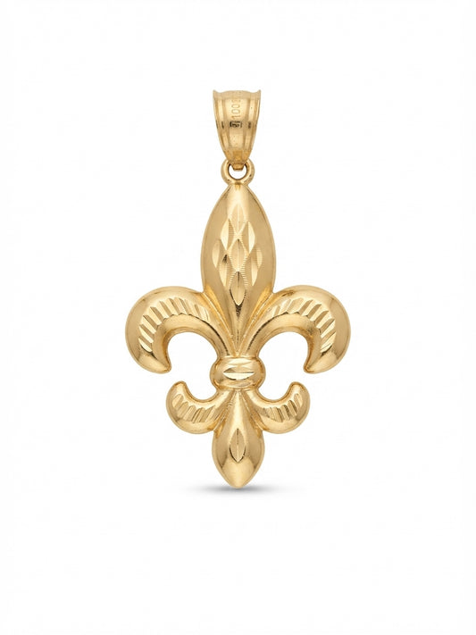 10K yellow gold fleur-de-lis pendant charm featuring diamond-cut texture and polished finish
