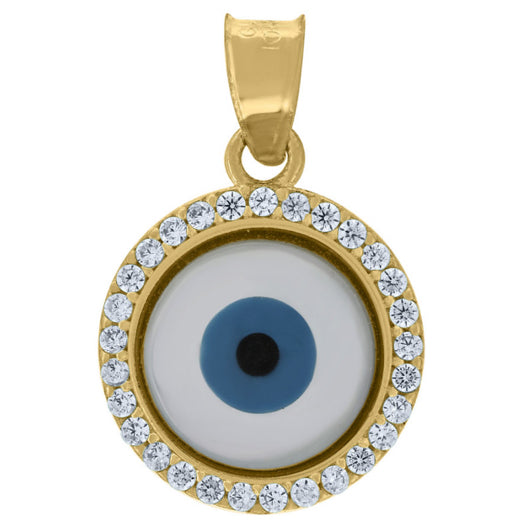 10k yellow gold evil eye round pendant with cubic zirconia