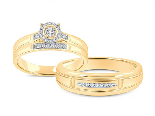 10K yellow gold halo diamond trio bridal ring set – 1/10 Ct