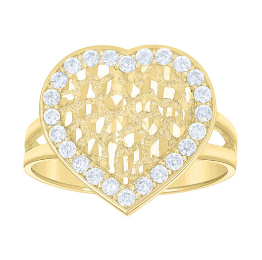 10K yellow gold split shank heart CZ nugget ring with cubic zirconia stone