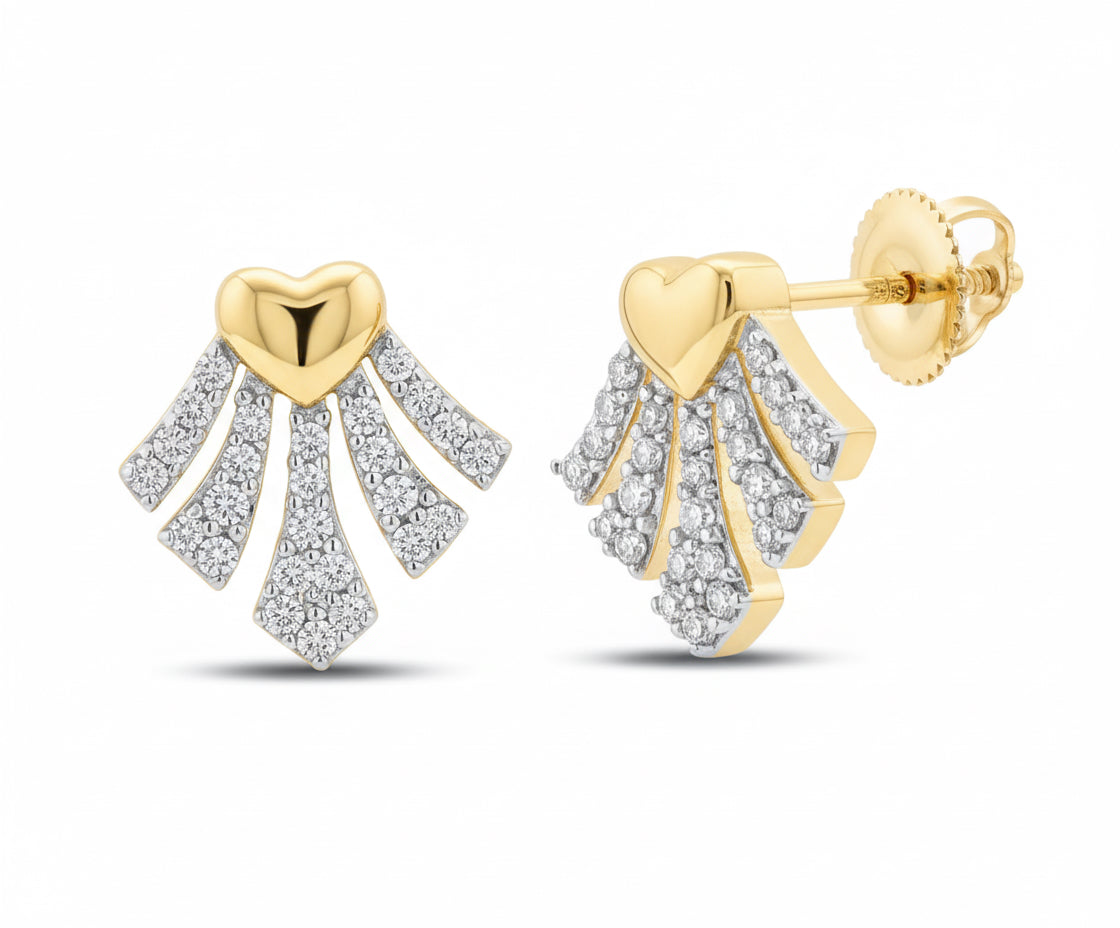 10K yellow gold heart-shaped diamond stud earrings with secure screw backs, featuring a polished finish and sparkling round-cut diamonds.
