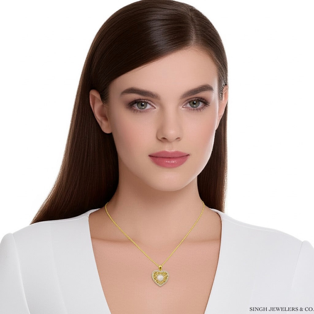 10k Yellow Gold Heart Charm with Moonstone & Cubic Zirconia Accents