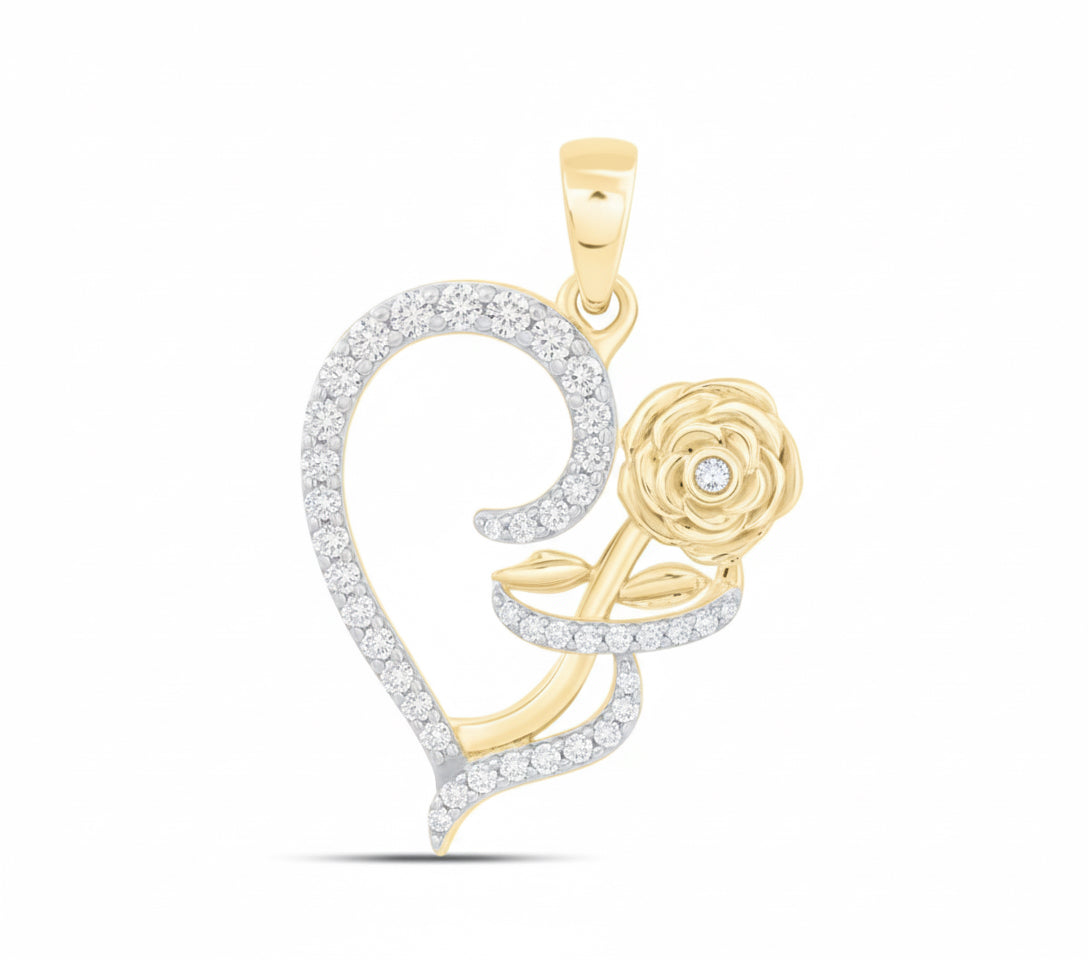 Gold pendant with heart and rose design on a white background