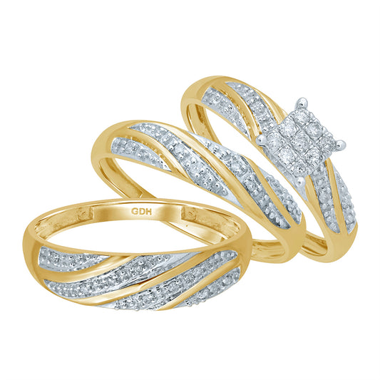 10K yellow gold his and her trio diamond ring set with 1/4 cttw