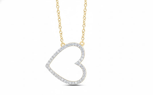 10K yellow gold horizontal open heart necklace with diamonds front view