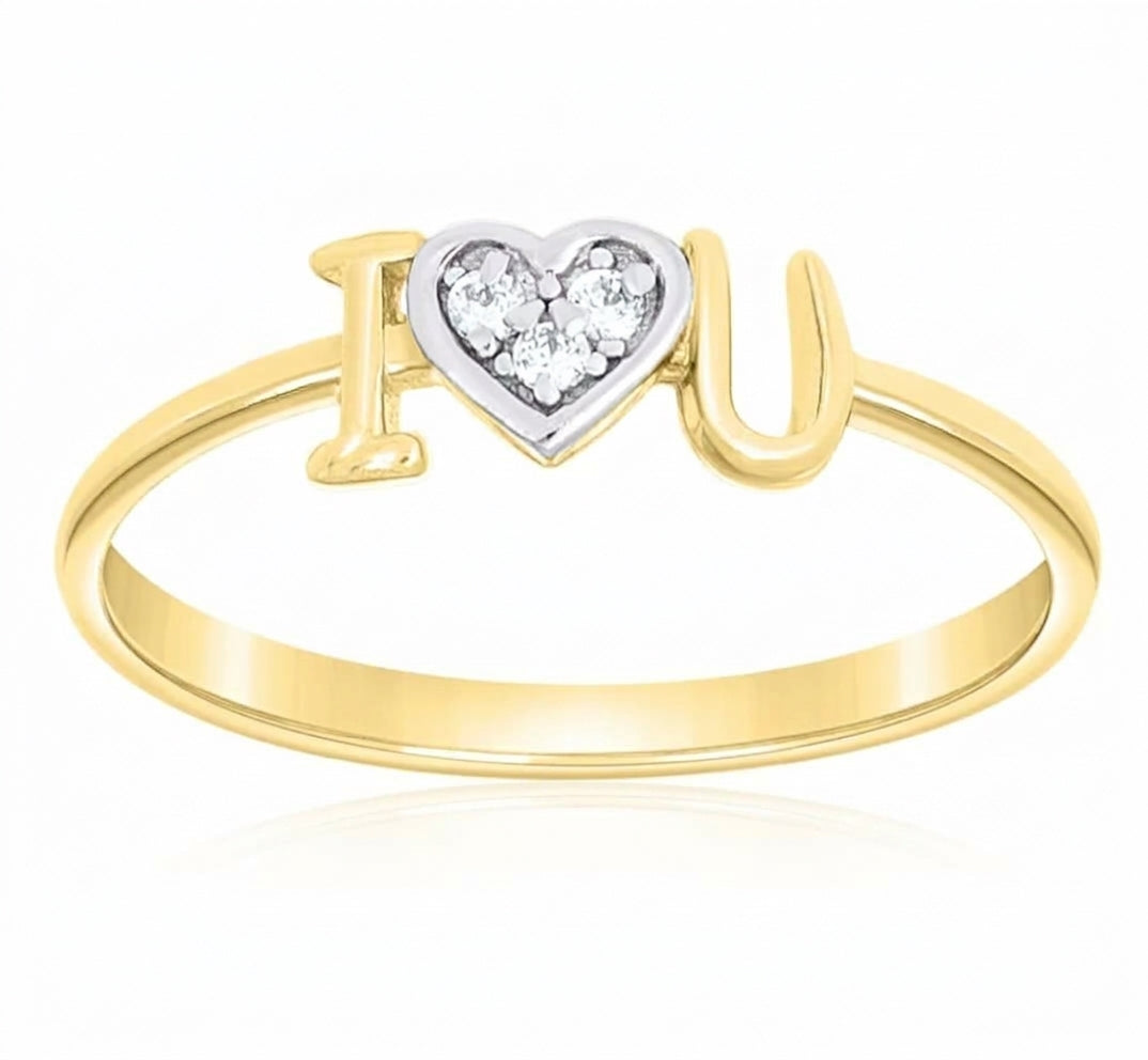 10K yellow gold women's I Love You heart ring with cubic zirconia