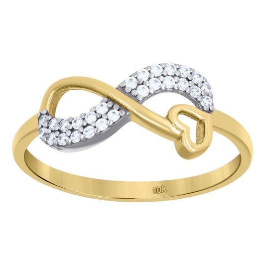 10K yellow gold ring featuring an infinity heart design with cubic zirconia stones