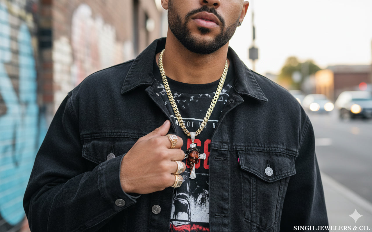 Model wearing 10K yellow gold Jesus pendant with 1/2 carat round diamonds and enamel detailing. Chain not included.