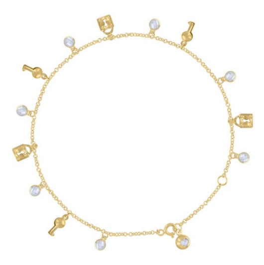 10K yellow gold anklet with key and lock charm, 10 inches with spring ring clasp