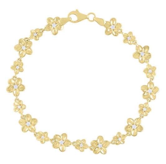 Elegant Flower Design White Sapphires Bracelet in 10k Yellow Gold, 8 Inches
