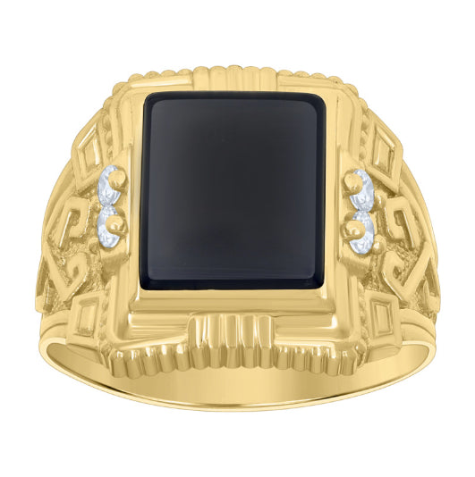 Close-up of men's black enamel square ring in 10k yellow gold