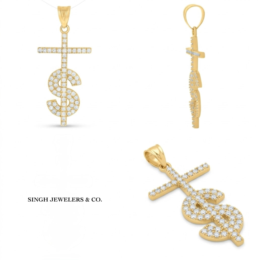 10K yellow gold men's cross pendant with dollar sign design and cubic zirconia accents