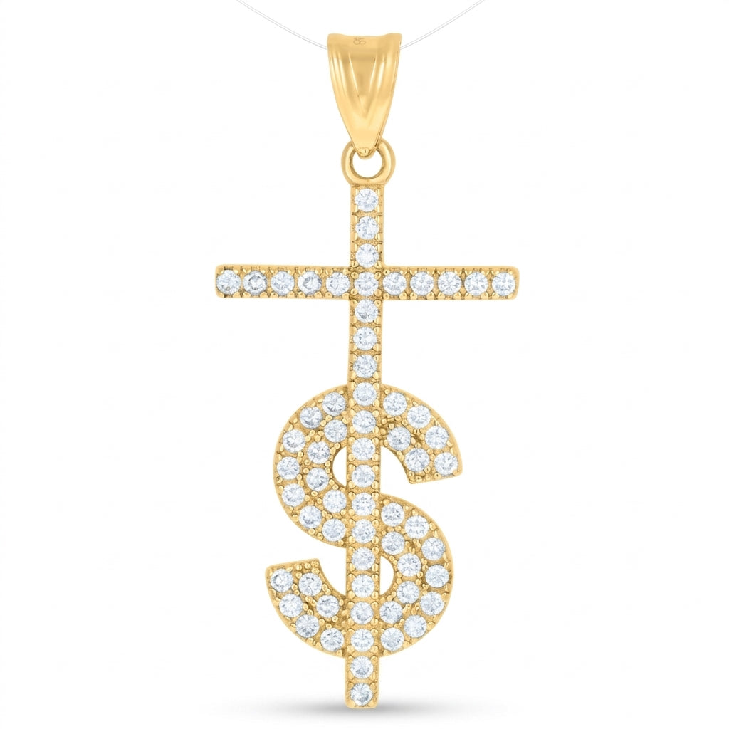10K yellow gold men's cross pendant with dollar sign design and cubic zirconia accents