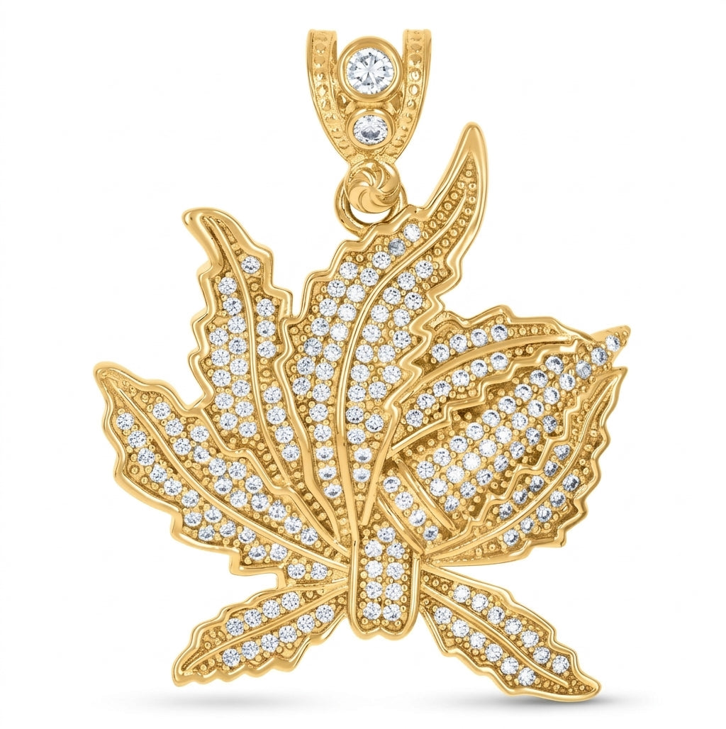 10K yellow gold men's marijuana leaf pendant with cubic zirconia, 39.6 mm high and 32.3 mm wide