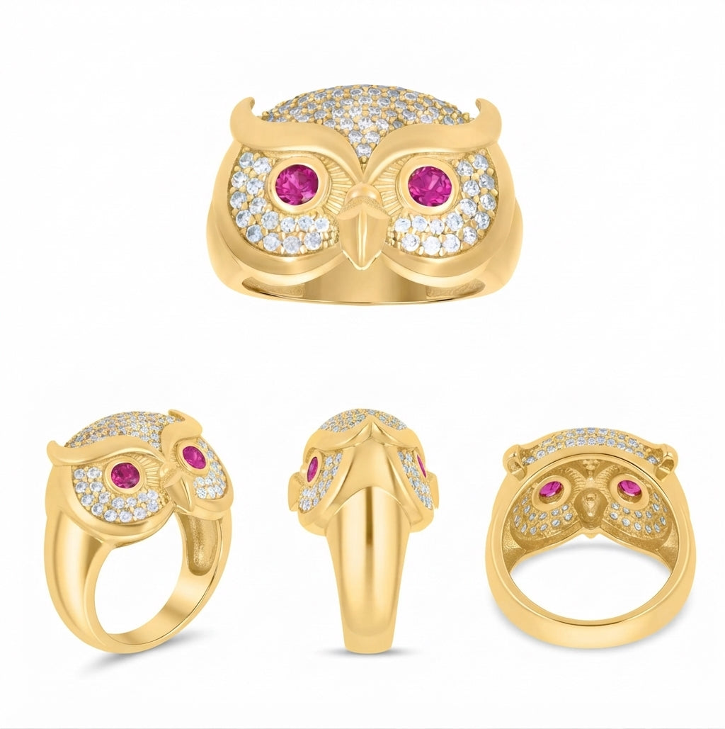Detailed view of 10K yellow gold owl ring for men
