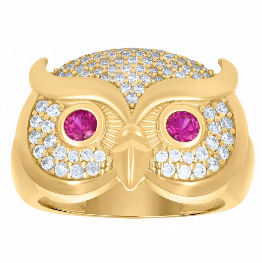  Men's owl ring with clear cubic zirconia accents