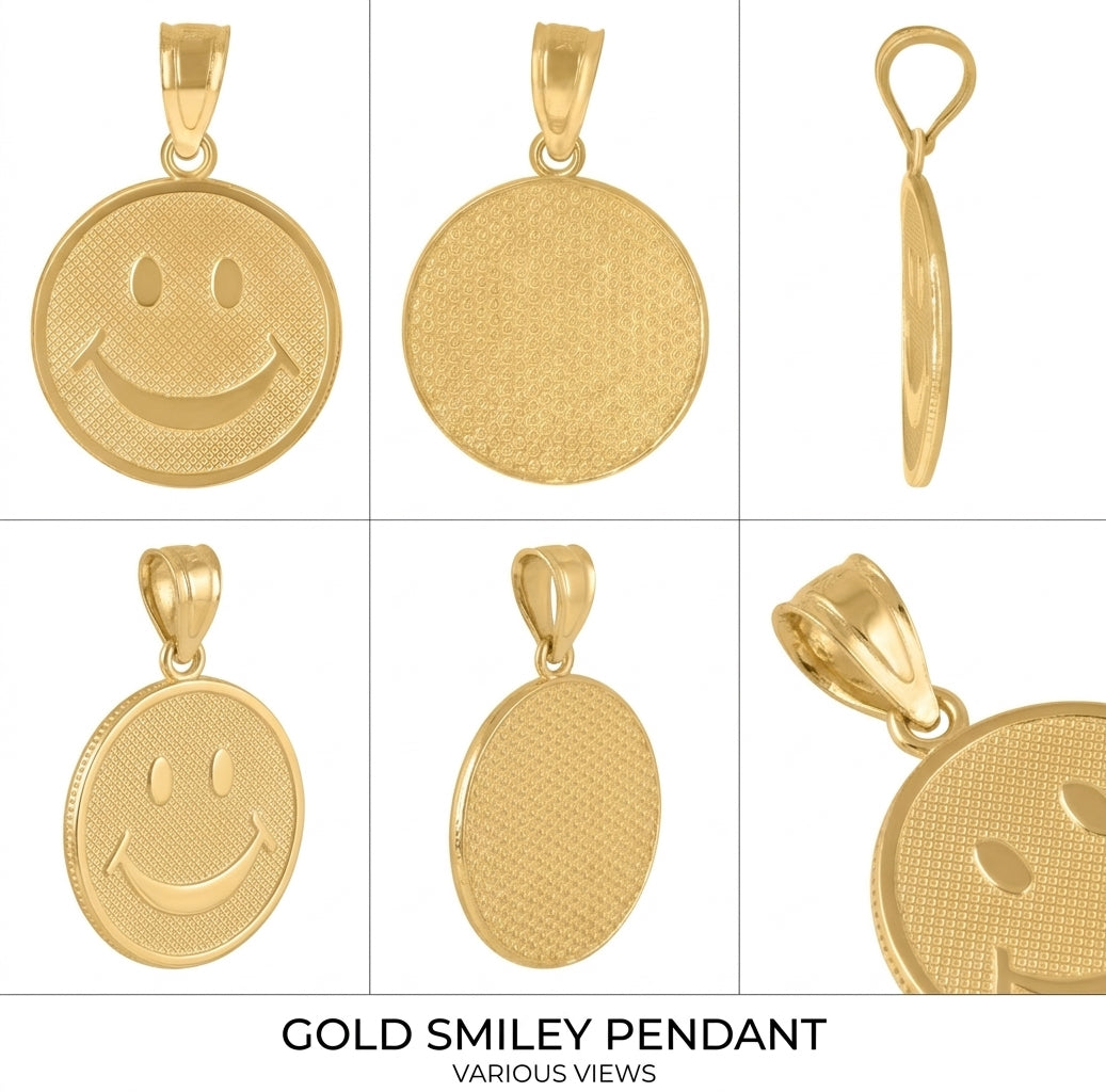 10K yellow gold men's smile charm pendant with a cheerful smile-inspired design different angles 